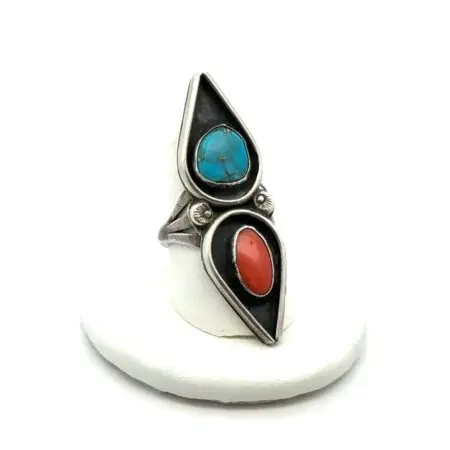 .925 Sterling Silver Turquoise & Coral Ring, Size-7, Zuni, 10.0g