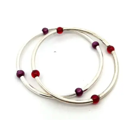 Pair of Italy 925 Sterling Silver Purple & Red Flexible Bangle Bracelets 13.9g
