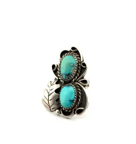 Size: 5.5 Double Turquoise 925 Sterling Silver Ring Signed GR 8.8g