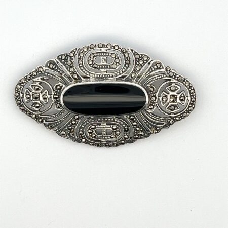 Vintage Sterling Silver Marcasite & Black Onyx Brooch/Pin 9.1 Grams
