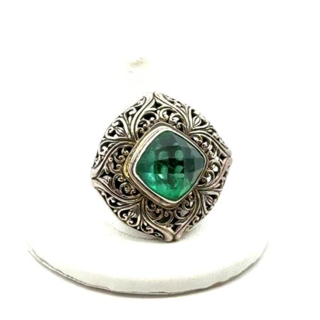 .925 Sterling Silver Filigree Faceted Lab Emeral Stone Ring, Size - 10, 11.6g