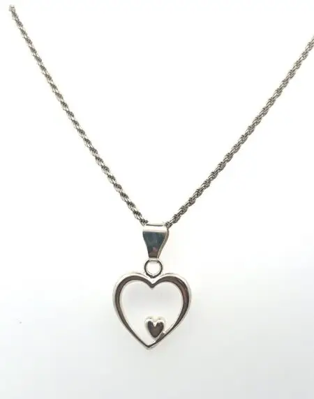 Italian 925 Sterling Silver Heart in Heart Pendant on 18” 2mm Thick Rope Chain