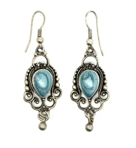 .925 Sterling Silver Blue Emerald Dangle Earrings, 10.7g, XRF Tested