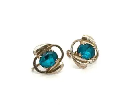 Vintage Oval Blue Glass 925 Sterling Silver Ribbon Design Retro Earrings 4.8g