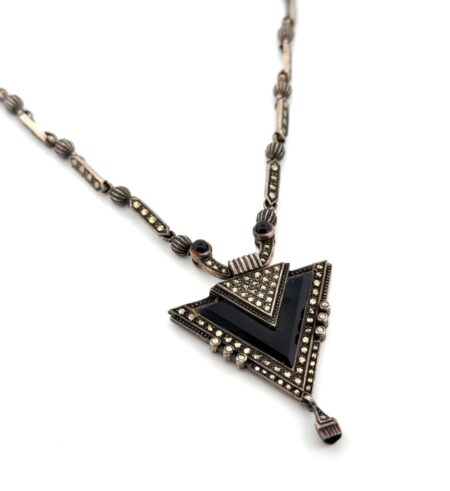18” Vintage Art Deco 925 Sterling Silver Marcasite & Onyx Necklace 38.2g