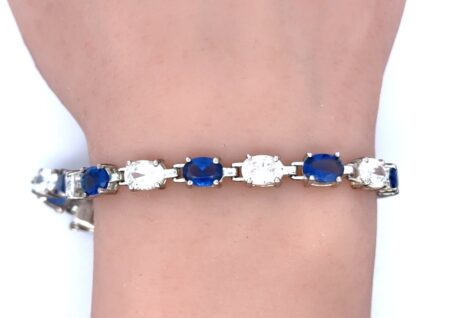 8” Signed SU .925 CZ CH Blue + Clear Stone Tennis Bracelet, 13.7g