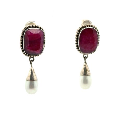 .925 Sterling Silver Indian Ruby & Freshwater Pearl Dangle Earrings, 16.5g