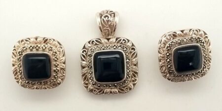 Vintage 925 Silver Black Onyx & Marcasite Pendant With Matching Earrings Set