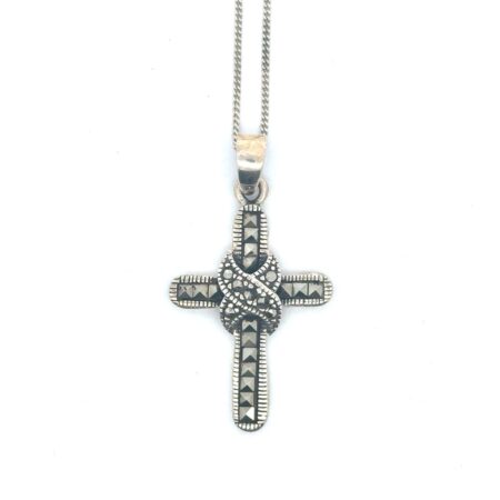 Vintage 20” .925 Sterling Silver Marcasite Knot Cross Pendant Necklace, 6.2g