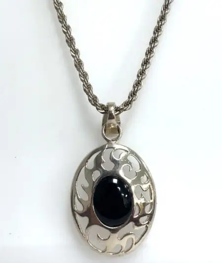 24” Sterling Silver 925 Rope Chain w/ Sterling Onyx Filigree Pendant 32.7 Grams