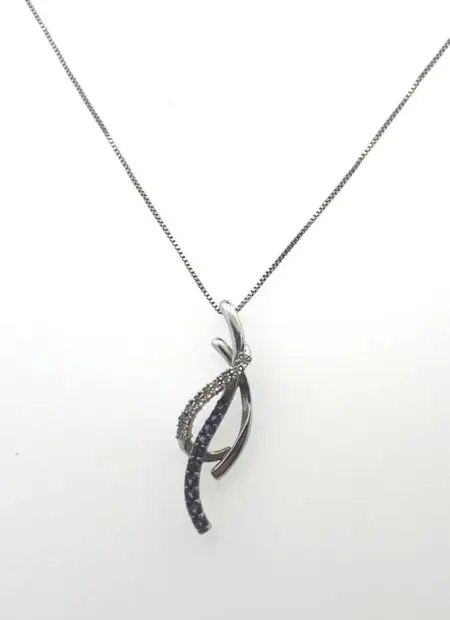 Jared Lang 925 Sterling Silver Amethyst and Diamond Pendant on 18” SS Box Chain