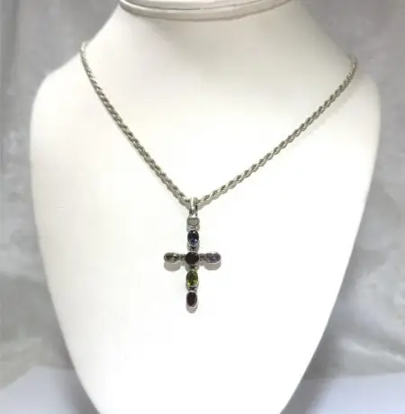 Sterling Silver, 16" Rope w/ Amethyst, Garnet, Tourmaline Cross Pendant - 11.7g