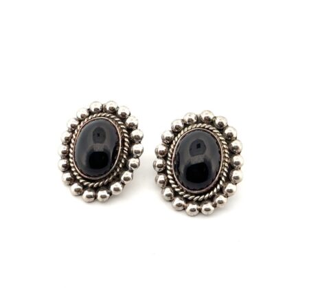 Taxco Mexico 925 Sterling Silver Oval Onyx Clip-On Earrings 18.4g