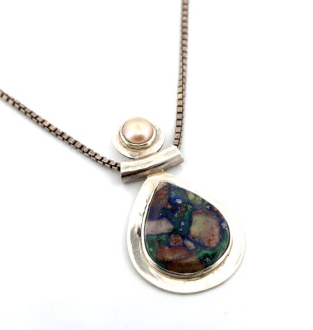 16” 925 Sterling Silver Azurite, Malachite, & Mabe Pearl Pendant Necklace 21.9g