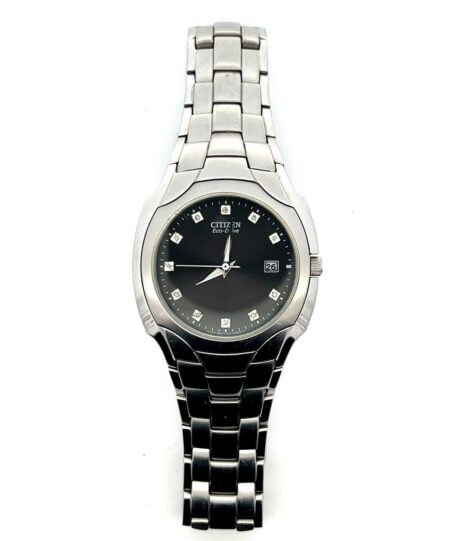 Citizen Eco-Drive 38mm Date Indicator Black Dial Silver Band Diamond Markers