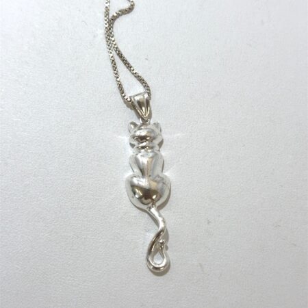 Sterling Silver, 18" Cat Pendant Necklace, 1.1 mm Wide Box Chain - 7.7 Grams