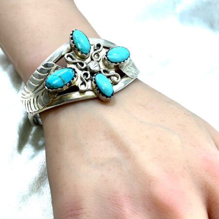 Sterling Silver Blue Turquoise Leaf Cuff Bracelet - 7" Wrist