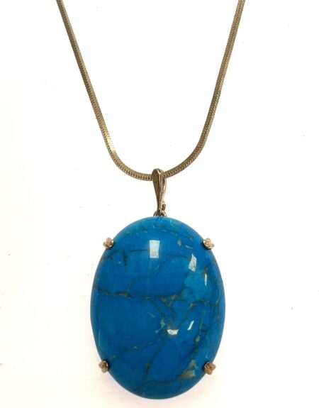 Sterling Silver 19” Box Chain w/ Large Oval Sterling Turquoise Pendant Necklace