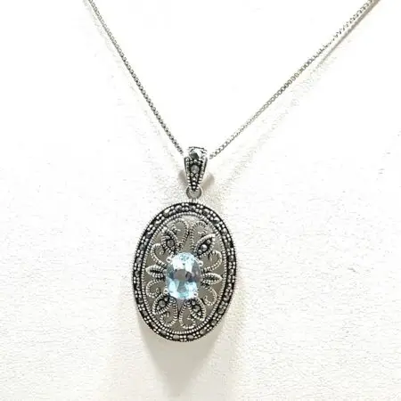 Vintage Sterling Silver 18" Blue Topaz & Marcasite Pendant & Box Chain Necklace