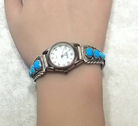 Native American Sterling Silver Watch Turquoise Navajo Quartz MOP Face 6mm Band