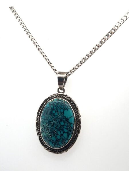 925 Sterling Silver Kingman Spiderweb Turquoise Pendant on 20” Cuban Link Chain
