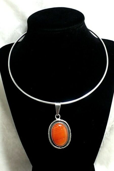 Charles Albert Sterling Silver Oval Banded Agate Pendant On 925 Sterling Choker