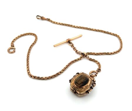 Vintage SOB Co. Gold Filled Watch Fob Chain & Tiger’s Eye Cameo Locket 25.3g