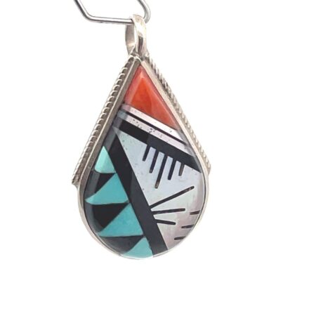 Cleo Kallestewa Zuni Turquoise, Onyx, Coral, MOP Inlay Sterling Silver Pendant