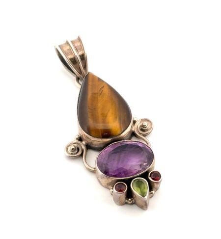 Vintage 925 Sterling Silver Tiger’s Eye & Amethyst Pendant 12.5g