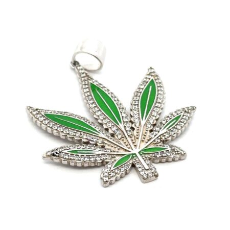 .925 Sterling Silver Iced-Out Marijuana Leaf Pendant Enamel + CZ, 6.5g