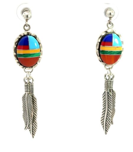 W.M. Co. .925 Sterling Silver Multi-stone Inlay Feather Dangle Earrings 7.3g