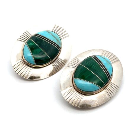 Vintage Southwest 925 Sterling Silver Multistone Inlay Clip-On Earrings, 16.9g