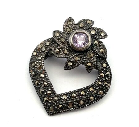 Vintage 925 Sterling Silver Heart Brooch Pin w/ Amethyst & Marcasite Stones 4.6g