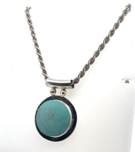 925 Sterling Silver Turquoise Pendant on 24” 925 SS Rope Chain Made in Mexico