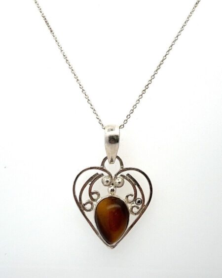18” Vintage 925 Sterling Silver Necklace & Tiger’s Eye Heart Pendant 7.1g