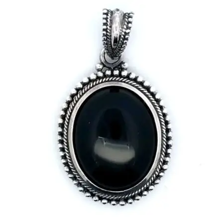925 Sterling Silver Large Oval-shaped Black Onyx Pendant 12.3 Grams