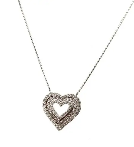 18” 925 Sterling Silver Box Chain Necklace w/ White Sapphire Heart Pendant 4.1g