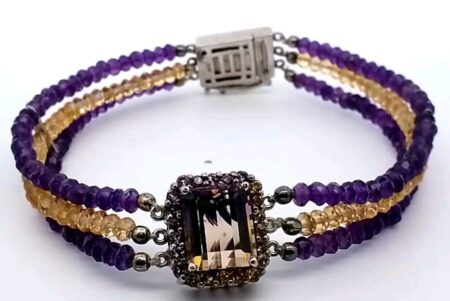 Emerald Cut Bi-Color Amatrine Center Stone w/Amethyst&Citrine Bead 8.5" Bracelet