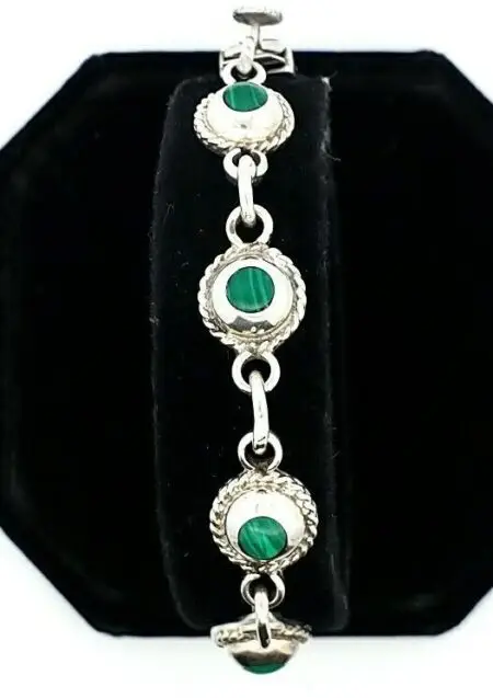 Mexican 925 Sterling Silver And Malachite 7.5 Inch Chain Bracelet 21.4 Grams